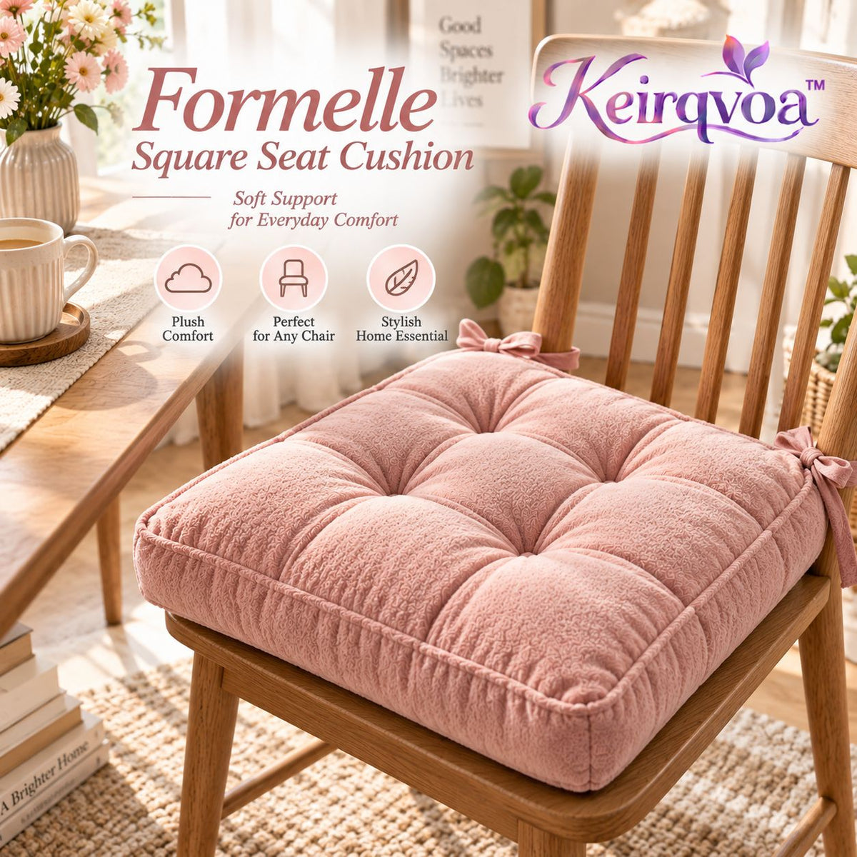 Keirqvoa™ Formelle Square Seat Cushion – 17" x 17" Tufted Chair Pad, Soft Everyday Dining & Desk Cushion