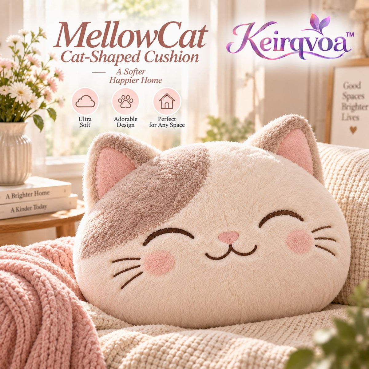 Keirqvoa™ MellowCat Cat-Shaped Cushion – 20" Plush Cat Head Decorative Pillow, Soft Character Accent for Sofa, Bed & Lounge Space