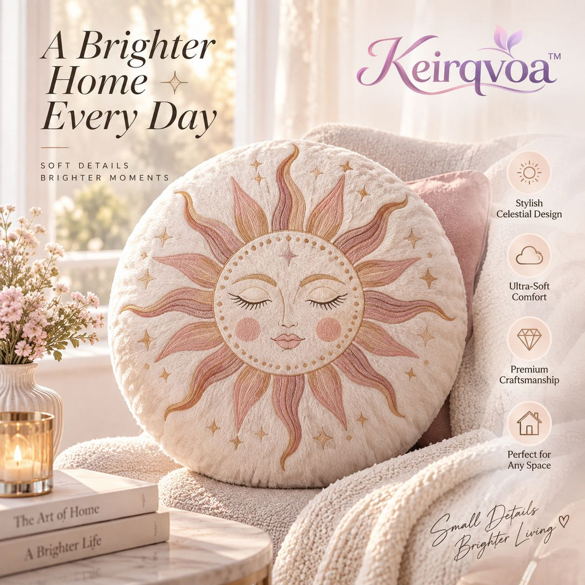 Keirqvoa™ Solara Sun Round Throw Pillow – 18" Decorative Accent Cushion, Soft Textured Celestial Boho Sofa & Bed Pillow