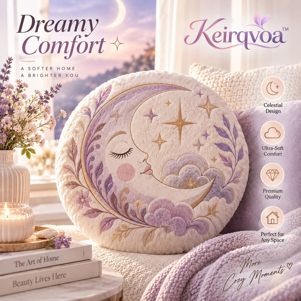 Keirqvoa™ Lunelle Moon Round Throw Pillow – 18" Celestial Decorative Cushion, Soft Plush Accent Pillow for Sofa, Bedroom & Reading Nook