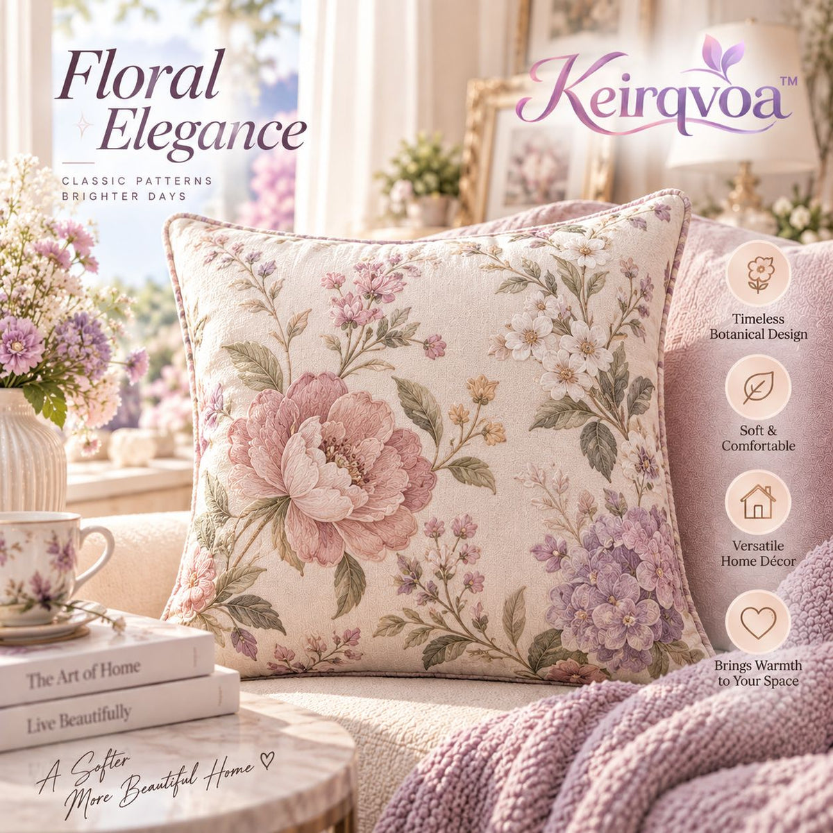 Keirqvoa™ Roselle Vintage Floral Square Throw Pillow – 18" x 18" Botanical Printed Decorative Cushion, Romantic Cottage Accent Pillow
