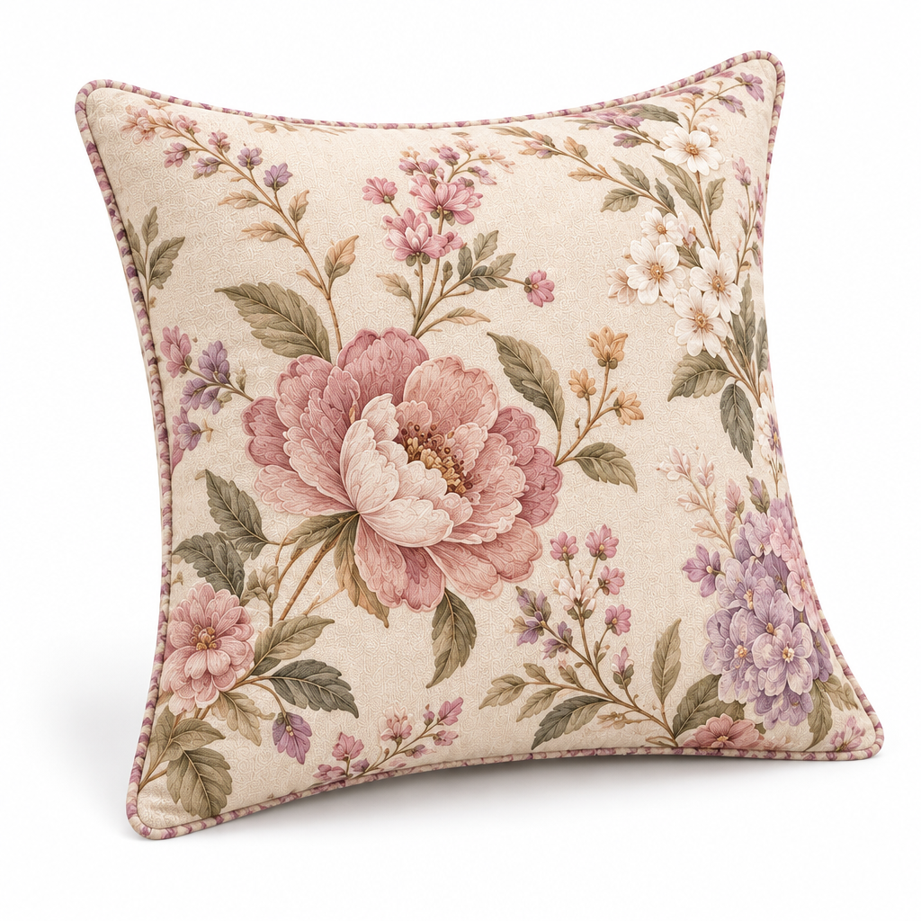 Keirqvoa™ Roselle Vintage Floral Square Throw Pillow – 18" x 18" Botanical Printed Decorative Cushion, Romantic Cottage Accent Pillow