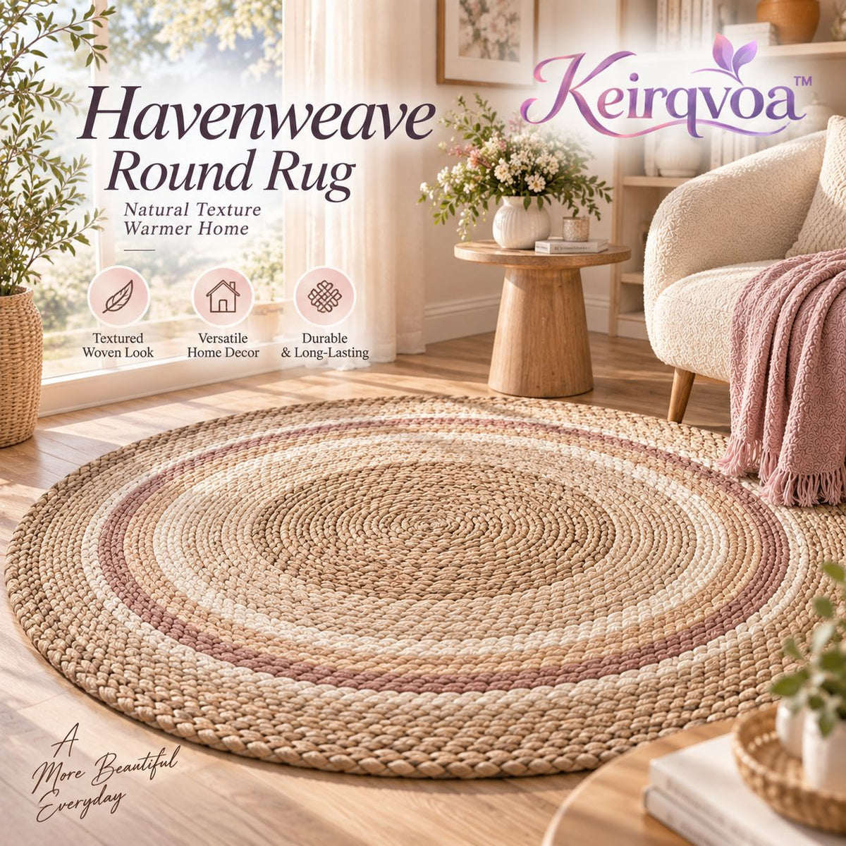 Keirqvoa™ Havenweave Braided Round Area Rug – Textured Woven-Look Circle Rug, Modern Farmhouse & Boho Floor Accent