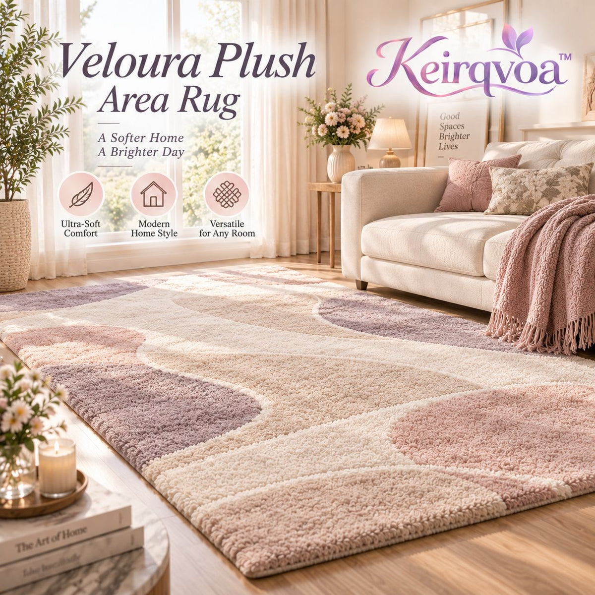 Keirqvoa™ Veloura Plush Rectangle Area Rug – Soft Modern Bedroom & Living Room Rug, Low-Pile Contemporary Floor Carpet