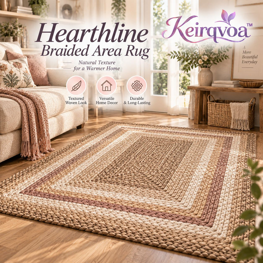 Keirqvoa™ Hearthline Braided Rectangle Area Rug – Textured Woven Floor Rug for Living Room, Bedroom, Hallway & Entryway